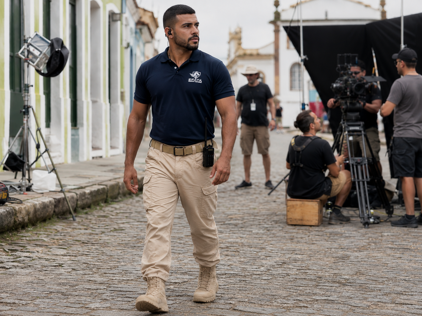 Agente operacional da EFATÁ em set de filmagem em rua histórica de pedra portuguesa