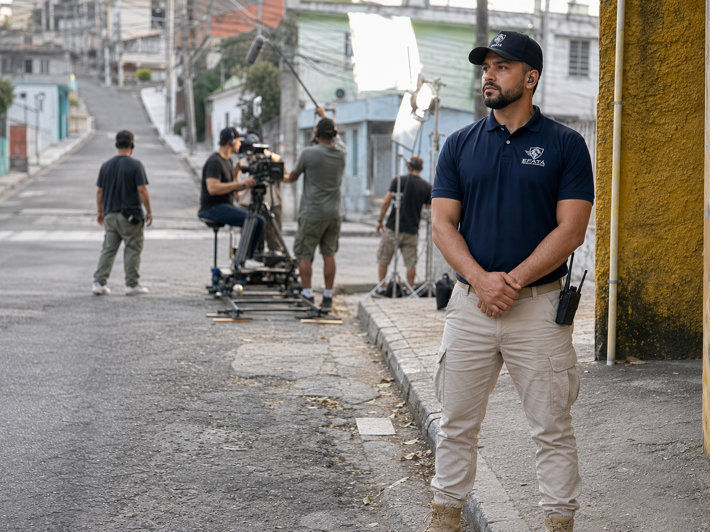Agente operacional da EFATÁ posicionado em set com dolly track de câmera durante filmagem em rua urbana
