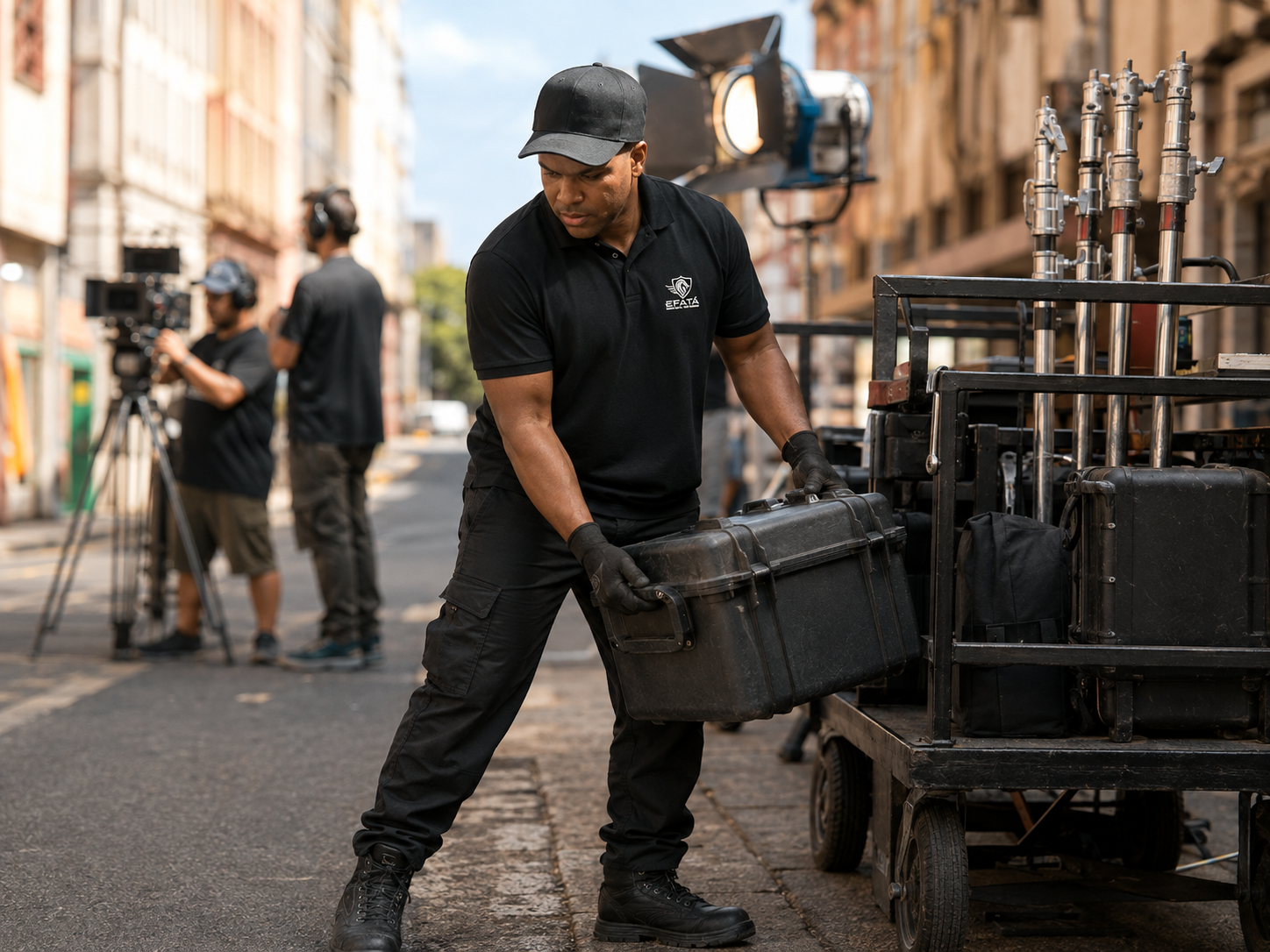 Carregadores da EFATÁ movimentando cases de equipamentos em set de filmagem